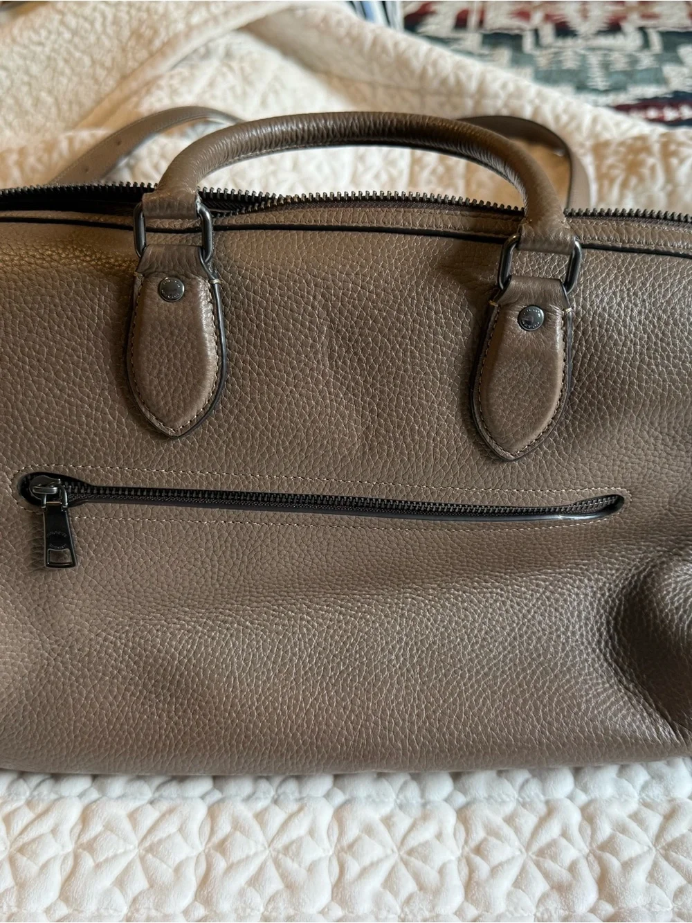 Coach Large Rowan Dark Stone Pebbled Leather Top-Handle Satchel